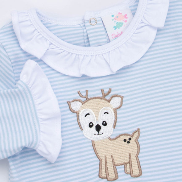Deer Friend Ruffle Romper, Blue