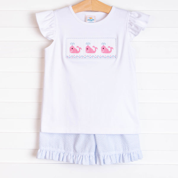 Whale of a Time Smocked Ruffle Short Set, Light Blue Seersucker