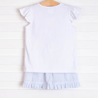 Whale of a Time Smocked Ruffle Short Set, Light Blue Seersucker