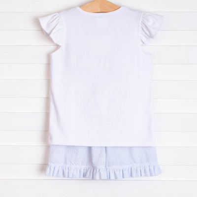 Whale of a Time Smocked Ruffle Short Set, Light Blue Seersucker