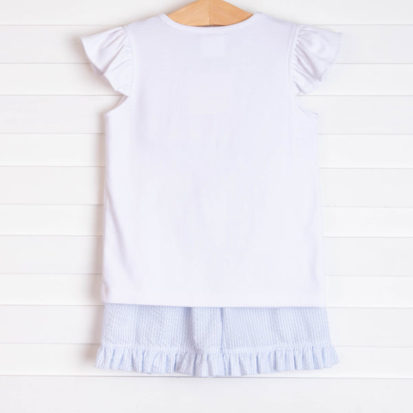 Whale of a Time Smocked Ruffle Short Set, Light Blue Seersucker