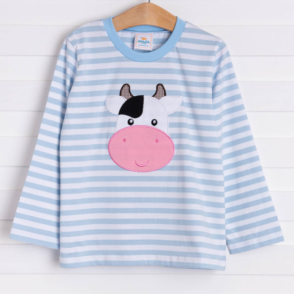 Moo! Cow Applique Shirt, Light Blue Stripe