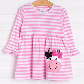 Moo! Cow Applique Dress, Pink Stripe