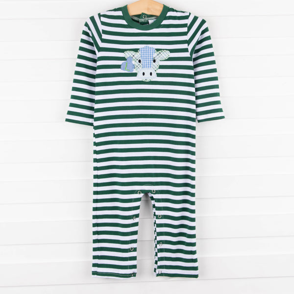 Cow Boy Embroidered Romper, Green