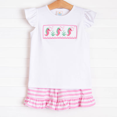 Seahorses and Sunshine Smocked Ruffle Short Set, Pink Stripe