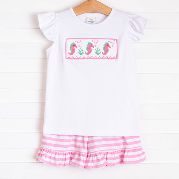 Seahorses and Sunshine Smocked Ruffle Short Set, Pink Stripe