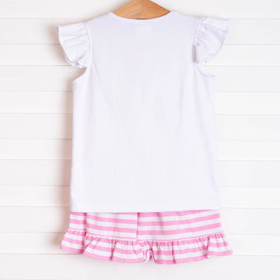 Seahorses and Sunshine Smocked Ruffle Short Set, Pink Stripe