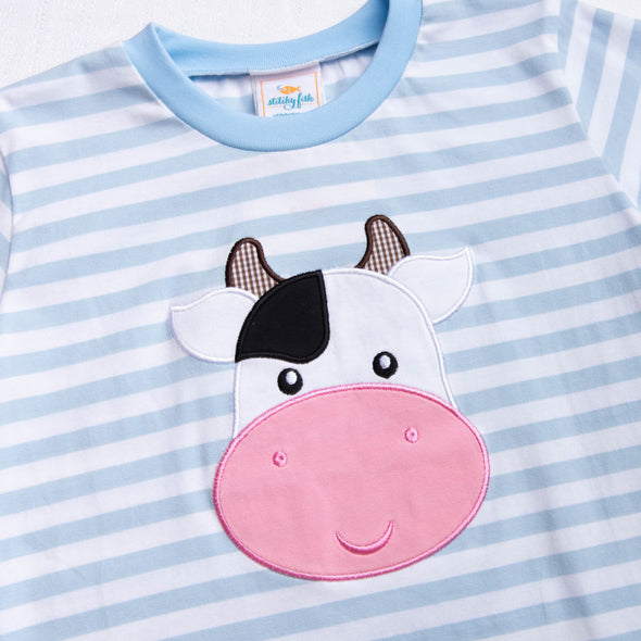 Moo! Cow Applique Shirt, Light Blue Stripe