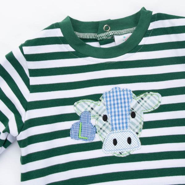 Cow Boy Embroidered Romper, Green