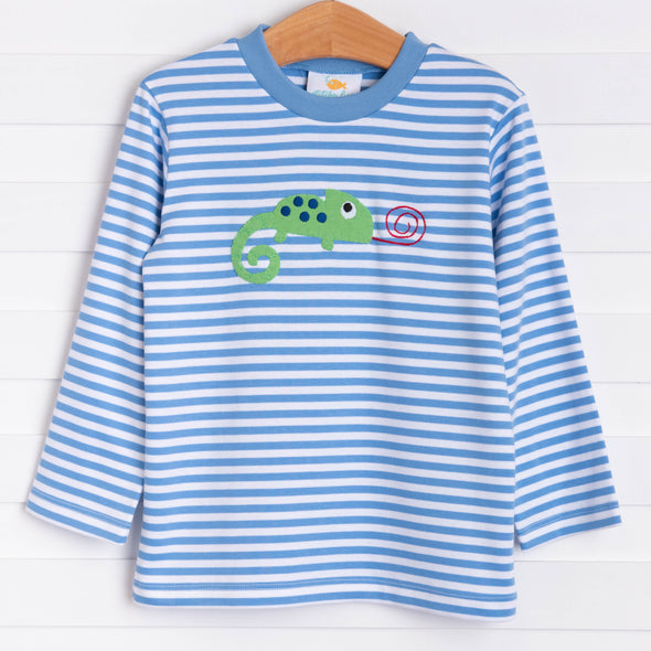 Little Chameleon Applique Shirt, Party Blue Stripe