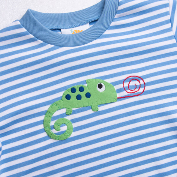 Little Chameleon Applique Shirt, Party Blue Stripe