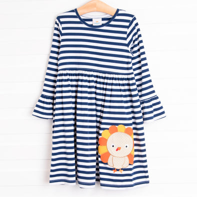 Little Miss Turkey Dress, Navy Stripe Stitchy Fish Little Miss Turkey Dress, Navy Stripe Stitchy Fish