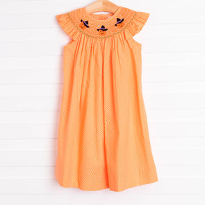 Trick or Treat Smocked Dress, Orange Bitty Dot