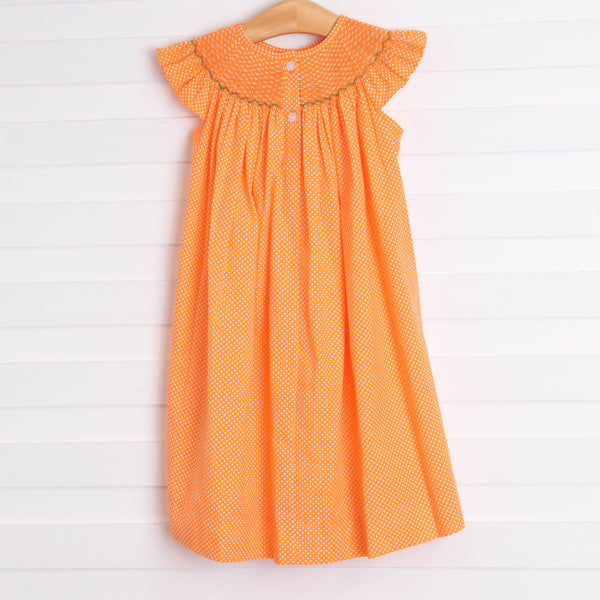 Trick or Treat Smocked Dress, Orange Bitty Dot