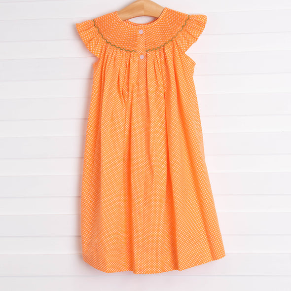 Trick or Treat Smocked Dress, Orange Bitty Dot