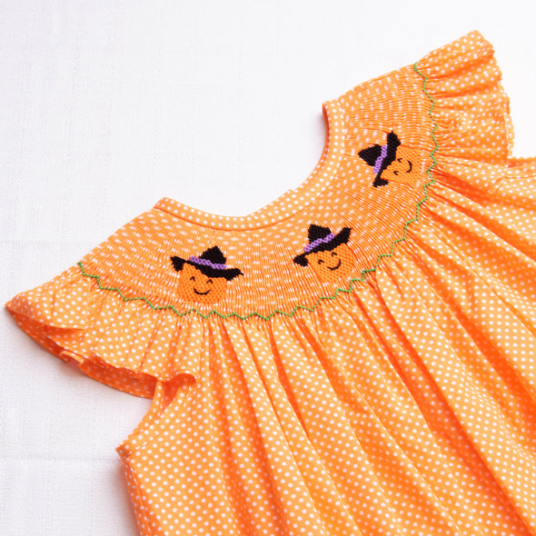 Trick or Treat Smocked Dress, Orange Bitty Dot