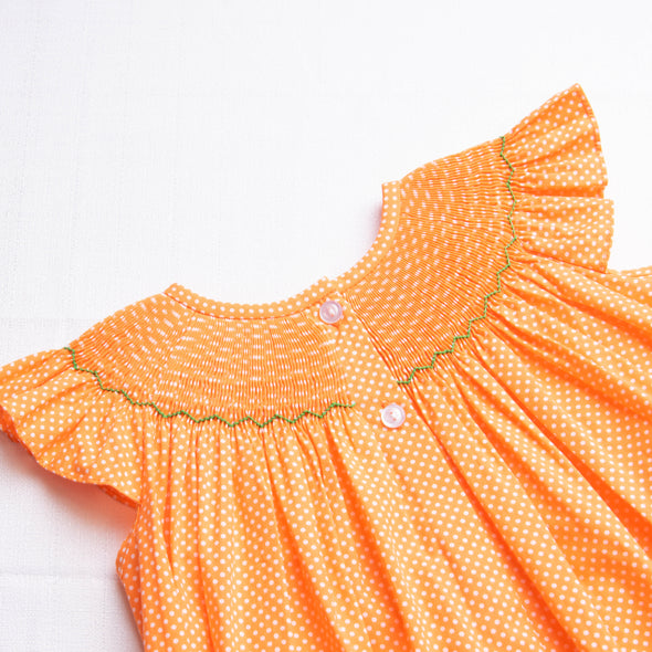 Trick or Treat Smocked Dress, Orange Bitty Dot