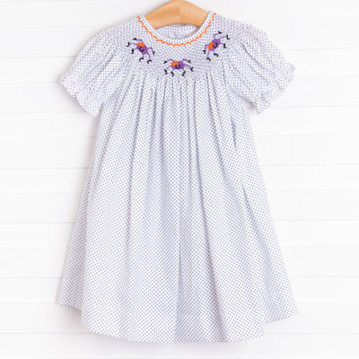 Spooky Spider Smocked Dress, Black Bitty Dot