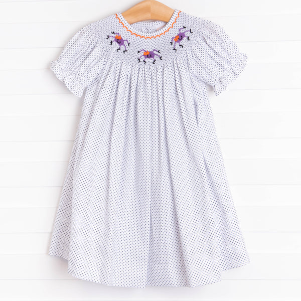 Spooky Spider Smocked Dress, Black Bitty Dot