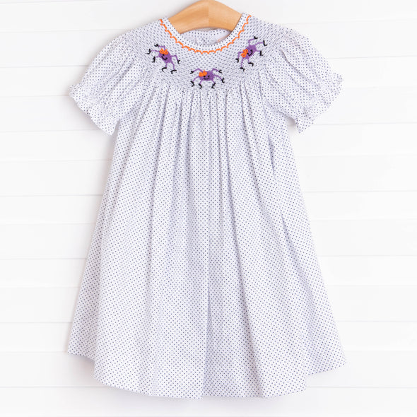 Spooky Spider Smocked Dress, Black Bitty Dot