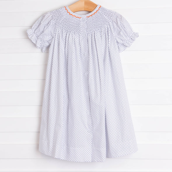 Spooky Spider Smocked Dress, Black Bitty Dot