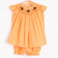Trick or Treat Smocked Bloomer Set, Orange Bitty Dot
