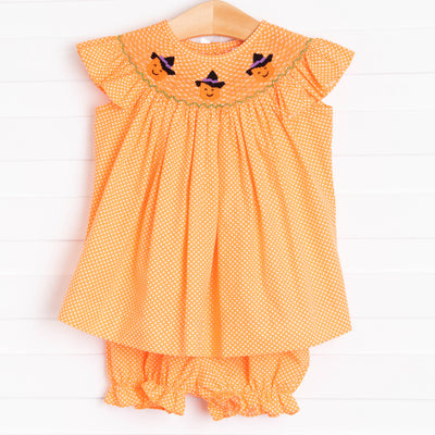 Trick or Treat Smocked Bloomer Set, Orange Bitty Dot