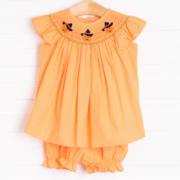 Trick or Treat Smocked Bloomer Set, Orange Bitty Dot