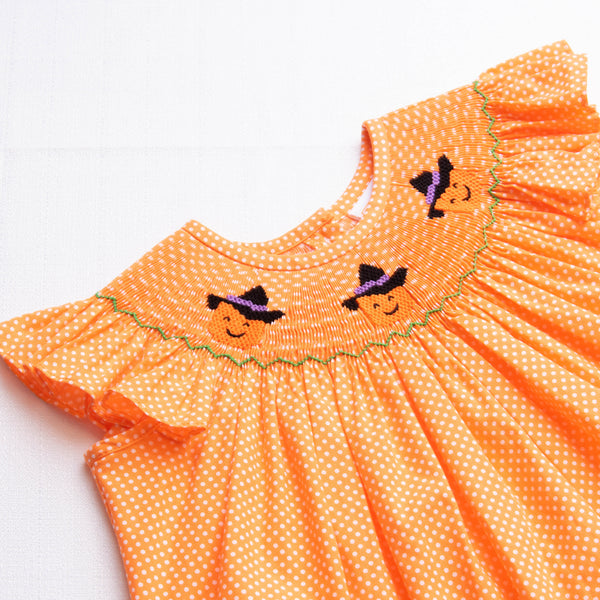 Trick or Treat Smocked Bloomer Set, Orange Bitty Dot