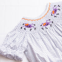 Spooky Spider Smocked Dress, Black Bitty Dot