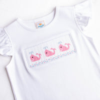 Whale of a Time Smocked Ruffle Short Set, Light Blue Seersucker