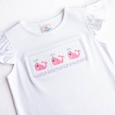 Whale of a Time Smocked Ruffle Short Set, Light Blue Seersucker