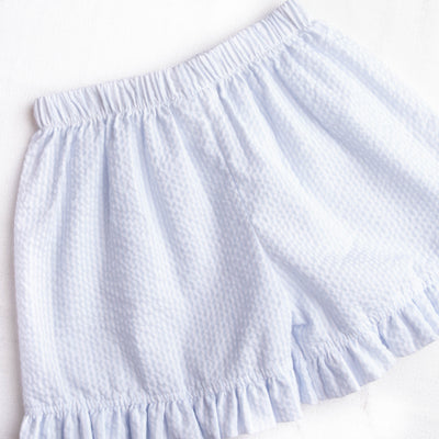 Whale of a Time Smocked Ruffle Short Set, Light Blue Seersucker