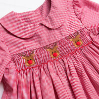 Santa's Reindeer Smocked Romper, Red Gingham