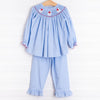 Santa's Smile Smocked Ruffle Pant Set, Light Blue Gingham