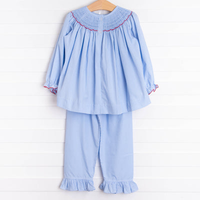 Santa's Smile Smocked Ruffle Pant Set, Light Blue Gingham
