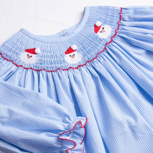 Santa's Smile Smocked Ruffle Pant Set, Light Blue Gingham