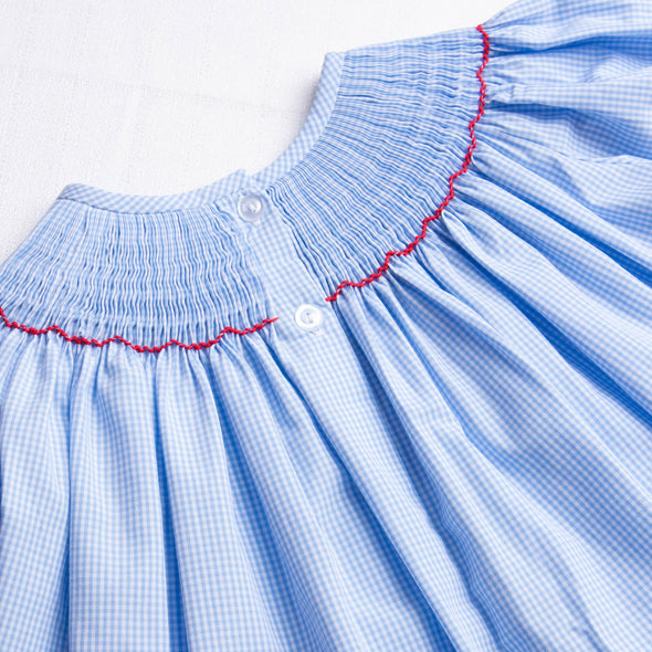 Santa's Smile Smocked Ruffle Pant Set, Light Blue Gingham