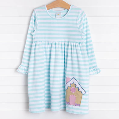 Gingerbread Applique Dress, Mint Stripe