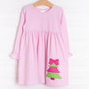 Rockin Around the Christmas Tree Applique Ruffle Dress, Pink Stripe