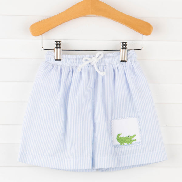 Chomp! Chomp! Smocked Swim Trunks, Blue