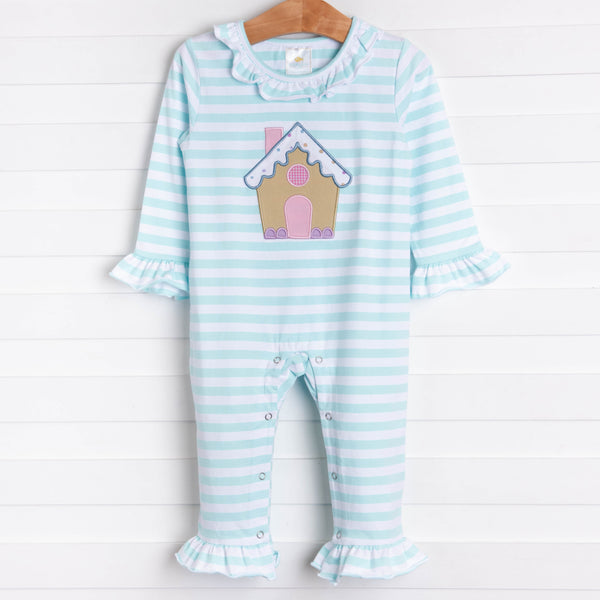 Gingerbread Applique Romper, Mint Stripe