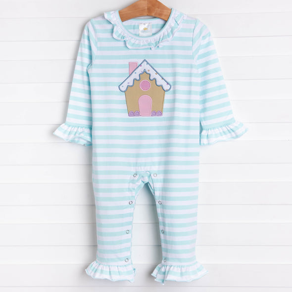 Gingerbread Applique Romper, Mint Stripe