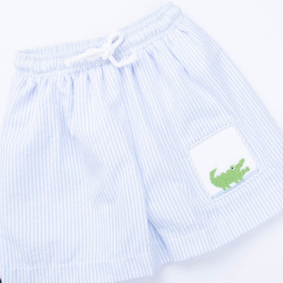 Chomp! Chomp! Smocked Swim Trunks, Blue