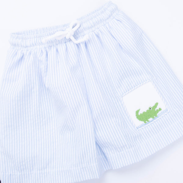 Chomp! Chomp! Smocked Swim Trunks, Blue