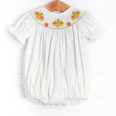Turkey Smocked Bubble, Green Bitty Dot