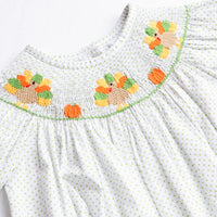 Turkey Smocked Bubble, Green Bitty Dot