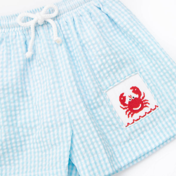 Crabby Critter Smocked Swim Trunks, Blue