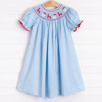 Santa's Coming Smocked Dress, Light Blue