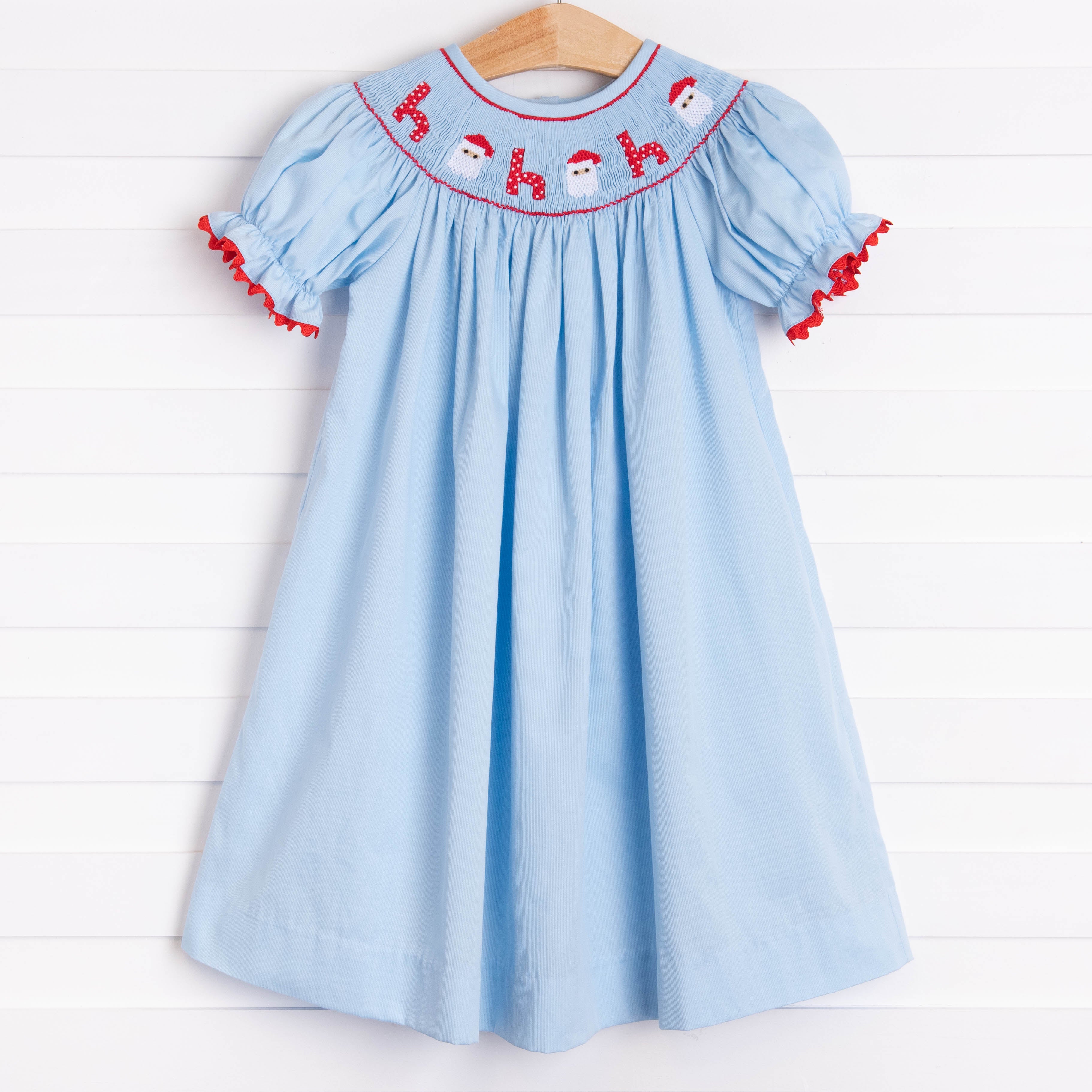 Santa's Coming Smocked Dress, Light Blue Stitchy Fish Santa's Coming Smocked Dress, Light Blue Stitchy Fish
